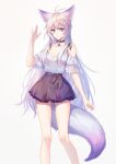  1girl absurdres animal_ears antenna_hair bangs bare_legs bare_shoulders bra_strap commentary_request feet_out_of_frame fox_ears fox_tail grey_background hair_between_eyes hand_up highres kirby_d_a long_hair looking_at_viewer miniskirt off-shoulder_shirt off_shoulder original purple_eyes purple_skirt shirt short_sleeves silver_hair simple_background skirt smile solo standing tail thighs very_long_hair white_shirt 