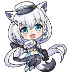  1girl :d animal_ear_fluff animal_ears anmochi bag bangs black_legwear blush braid chibi dress earrings eyebrows_visible_through_hair fox_ears fox_girl fox_tail green_eyes hair_between_eyes hat holding holding_letter hololive jewelry letter long_hair looking_at_viewer open_mouth peaked_cap pentagram shirakami_fubuki shoulder_bag sidelocks single_braid smile solo starter_pokemon tail thighhighs transparent_background very_long_hair virtual_youtuber white_dress white_hair 