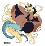  absurd_res animal_humanoid anus areola armband armwear big_breasts blonde_hair blue_eyes breasts butt camel_toe clothed clothing dark_body dark_skin digital_media_(artwork) dragon dragon_humanoid feet female furrchan genitals hair hi_res huge_breasts humanoid kick legwear looking_at_viewer open_mouth pussy scalie simple_background smile solo stockings thick_thighs thigh_highs tongue underwear 
