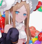  1girl abigail_williams_(fate) abigail_williams_(swimsuit_foreigner)_(fate) artist_request bangs bare_shoulders bikini black_jacket blonde_hair blue_eyes bonnet bow breasts fate/grand_order fate_(series) forehead hair_bow highres innertube jacket long_hair long_sleeves off_shoulder parted_bangs sidelocks small_breasts smile swimsuit twintails very_long_hair white_bikini white_bow white_headwear 