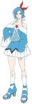  1girl asrbpy azumarill bangs bare_shoulders blue_skirt bow flat_color frown full_body gen_2_pokemon grey_eyes hair_bow halterneck hand_on_hip highres kneehighs long_sleeves looking_at_viewer personification pokemon red_bow sandals short_hair simple_background skirt sleeves_past_wrists standing swept_bangs toeless_footwear white_background white_legwear 