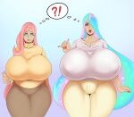  age_difference alternate_species big_breasts breast_size_difference breasts duo female fluttershy_(mlp) friendship_is_magic hair hi_res horn horned_humanoid huge_breasts humanoid humanoidized hyper hyper_breasts mature_female multicolored_hair my_little_pony older_female pink_hair princess_celestia_(mlp) sundown_(artist) winged_humanoid wings younger_female 
