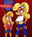  2021 activision age_difference aged_down aged_up anthro bandicoot black_nose blonde_hair blush bottomwear breasts clothing coco_bandicoot crash_bandicoot_(series) duo english_text eyebrows eyelashes eyewear female goggles green_eyes hair hi_res holding_bottomwear holding_clothing holding_object holding_pants mammal marsupial multicolored_body navel nipple_outline orange_body panties pants red_background shirt simple_background size_difference smaller_female someth1ngoranother taller_female tawna_bandicoot teeth text tongue topwear two_tone_body underwear video_games 