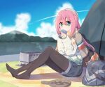  1girl bag bangs black_legwear blue_eyes cloud coffee_mug cup ddt_(darktrident) denim denim_shorts drinking eyebrows_visible_through_hair food frying_pan full_body highres kagamihara_nadeshiko long_hair looking_at_viewer mount_fuji mountain mug ocean pantyhose pink_hair pullover scarf school_bag shore shorts shoulder_bag solo tent twintails woollen_cap yurucamp 