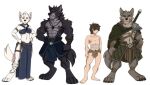  abs amulet anthro armband bandage bangle_(jewelry) bottomwear brown_hair caelan_(far_beyond_the_world) canid canine canis cape clothing digitigrade dress eyeless far_beyond_the_world_(series) female fur group hair human kael_tiger loincloth male mammal multicolored_body multicolored_fur pubes pubic_fuzz ranok_(far_beyond_the_world) shoulder_guard simple_background size_difference smile snarling tasset tattoo teeth two_tone_body two_tone_fur verissa_(far_beyond_the_world) video_games visual_novel vulgor_(far_beyond_the_world) white_background wolf 