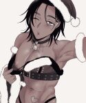  1boy armpits bell belt bikini black_hair choker dark_skin dark_skinned_male fur_trim hair_down hat highres mama_garr navel neck_bell nipples one_eye_closed pokemon pokemon_(game) pokemon_swsh puckered_lips raihan_(pokemon) santa_bikini santa_hat see-through self_exposure selfie sepia solo swimsuit toned toned_male 