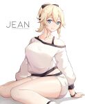  1girl absurdres bare_shoulders blonde_hair blue_eyes bow breasts casual character_name collarbone english_text genshin_impact hair_bow highres jean_gunnhildr_(genshin_impact) large_breasts long_sleeves looking_at_viewer ponytail seiza shirt short_shorts shorts sitting smile solo thighs van.elv white_shirt white_shorts 