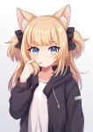  1girl animal_ear_fluff animal_ears black_hoodie blue_eyes bow cat_ears dokumi flat_chest hair_bow holding holding_hair hood hood_down hoodie light_brown_hair long_hair long_sleeves looking_at_viewer open_clothes open_hoodie original shirt two_side_up upper_body white_shirt 