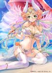  1girl beach bikini blonde_hair character_request feathered_wings feet_out_of_frame gem green_eyes hair_between_eyes head_wings highres holding holding_umbrella hori_airi horizon jewelry navel parasol pink_wings solo swimsuit thighhighs umbrella water white_bikini white_legwear white_wings wings z/x 