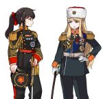  2girls bangs blonde_hair blue_eyes brown_eyes brown_hair closed_mouth english_commentary eyebrows_visible_through_hair gloves hand_on_hip hat holding holding_clothes holding_hat holding_staff holding_sword holding_weapon korean_commentary long_hair looking_at_another medal military military_hat military_uniform multiple_girls open_mouth original ponytail sidelocks simple_background skirt smile staff sword tassel uniform weapon white_background white_gloves yong-gok 