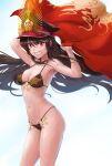  1girl bangs bare_shoulders bikini black_bikini black_hair black_headwear breasts coat collarbone family_crest fate/grand_order fate_(series) grin hat headphones headphones_around_neck long_hair looking_at_viewer medium_breasts navel oda_nobunaga_(fate)_(all) oda_nobunaga_(swimsuit_berserker)_(fate) oda_uri open_clothes open_coat peaked_cap red_coat red_eyes smile sterben swimsuit thighs 