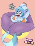  2019 absurd_res anthro big_breasts big_butt blue_body blue_fur blue_hair blush breasts butt chest_tuft clothing curvy_figure dialogue digital_media_(artwork) eeveelution english_text fangs female flexible fur glaceon hair hands_behind_head hi_res hourglass_figure huge_breasts huge_butt inkit89 legs_behind_head legs_up lying multicolored_body multicolored_fur nintendo on_back pok&eacute;mon pok&eacute;mon_(species) shirt simple_background smile solo stretching talking_to_viewer tank_top teeth text thick_thighs tongue topwear tuft video_games voluptuous wide_hips yoga_pants 