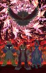  blue_eyes colorful commentary commentary_request electricity entei fire gen_2_pokemon glowing glowing_eyes highres ho-oh legendary_pokemon looking_at_viewer multicolored multicolored_background no_humans pokemon pokemon_(creature) raikou sparkle sparkle_background suicune tagme white_eyes yama_neko_3 