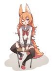  1girl ;o animal_ear_fluff animal_ears black_legwear chair dokumi fox_ears fox_tail full_body long_hair miniskirt one_eye_closed orange_hair original pleated_skirt purple_eyes school_uniform serafuku shirt sitting skirt spread_legs tail thighhighs zettai_ryouiki 