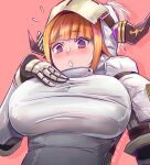  :o armor artist_name blush breasts commentary dated eyebrows_visible_through_hair hand_on_own_chest helmet highres hololive horns khezu_(armor) kiryu_coco kivo large_breasts monster_hunter_(series) monster_hunter_rise multicolored multicolored_eyes orange_hair pink_background purple_eyes red_eyes simple_background upper_body virtual_youtuber 