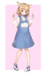  1girl :d animal_ear_fluff animal_ears blue_dress cloud_print double_v dress full_body kurou_sagi light_brown_hair long_sleeves looking_at_viewer open_mouth original red_eyes shirt shoes short_hair smile sneakers v white_shirt 