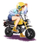  1girl aqua_eyes blue_shorts chutohampa full_body ground_vehicle helmet long_sleeves motor_vehicle motorcycle original profile purple_shirt shadow shirt short_over_long_sleeves short_sleeves shorts signature simple_background solo white_background yellow_footwear yellow_headwear 