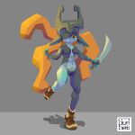  absurd_res action_pose armor clothing crown female footwear hair happy headgear helmet hi_res humanoid long_hair melee_weapon midna nintendo pose shoes smile smirk solo sunsetrey_(artist) sword the_legend_of_zelda twilight_princess video_games weapon 