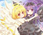  2girls :d alternate_costume aquaroom black_bow black_dress black_feathers black_hairband blonde_hair blue_hair blue_sky blush bow cloud detached_sleeves dress feet_out_of_frame furude_rika hairband halo higurashi_no_naku_koro_ni holding_hands houjou_satoko long_hair long_sleeves looking_at_viewer multicolored multicolored_sky multiple_girls open_mouth purple_eyes purple_sky red_eyes short_hair sky smile white_dress white_hairband 