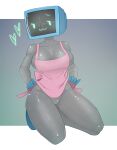  &lt;3 2020 apron apron_lift apron_only big_breasts bottomless breasts cleavage clothed clothing clothing_lift featureless_crotch female for_a_head front_view full-length_portrait hi_res humanoid karen_plankton kneeling lonlon machine metallic_body mostly_nude nickelodeon not_furry object_head portrait robot robot_humanoid screen screen_face screen_head smile solo spongebob_squarepants 