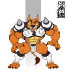  4_fingers abs absurd_res activision anthro armband big_muscles biped brown_eyes bulge claws clothed clothing crash_bandicoot crash_bandicoot_(series) dasyuromorph fangs fingers football_uniform fur hi_res humanoid_pointy_ears jockstrap looking_at_viewer male mammal marsupial memphis_tigre muscular muscular_anthro muscular_male open_mouth orange_body orange_fur partially_clothed quads rape_face solo spiked_armband spikes tail_tuft teeth thylacine tiny_tiger tongue tongue_out tuft underwear video_games yellow_body yellow_fur yellow_sclera 