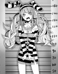  1girl absurdres anger_vein angry animal_ears bangs bunny_ears chain clenched_hands cuffs eyebrows_behind_hair greyscale handcuffs head_tilt highres hololive longlong_(drasdr7513) looking_at_viewer monochrome mugshot no_pants open_mouth prison_clothes rabbit_girl shirt solo striped striped_headwear striped_shirt textless twintails usada_pekora virtual_youtuber 