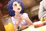  1boy 1girl :d blue_hair blush breasts broccoli brown_eyes ceiling_light chopsticks cup dish drink dust_particles food hanamasa_ono hands_together highres ice idolmaster idolmaster_million_live! indoors lavender_shirt long_sleeves looking_to_the_side medium_breasts open_mouth pink_scarf restaurant scarf shirt short_hair short_sleeves sitting skewer smile toyokawa_fuuka upper_body white_shirt 