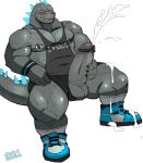  2021 absurd_res anthro balls blush bodily_fluids bottomwear clothing cum cumshot digital_media_(artwork) ejaculation footwear genital_fluids genitals godzilla godzilla_(series) hi_res kaiju male nipple_piercing nipples penis piercing scalie shoes socks solo toho tongue tongue_out topwear v2wolf 