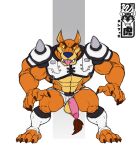  4_fingers abs absurd_res activision anthro armband balls big_muscles biped brown_eyes claws clothing crash_bandicoot crash_bandicoot_(series) dasyuromorph erection fangs fingers football_uniform fur genitals hi_res humanoid_pointy_ears jockstrap looking_at_viewer male mammal marsupial memphis_tigre mostly_nude muscular muscular_anthro muscular_male open_mouth orange_body orange_fur penis pink_penis quads rape_face solo spiked_armband spikes tail_tuft teeth thylacine tiny_tiger tongue tongue_out tuft underwear vein veiny_penis video_games yellow_body yellow_fur yellow_sclera 