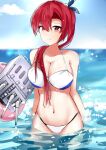  1girl absurdres alternate_costume azur_lane bangs blush breasts cleavage cola_(884625) commentary_request hair_between_eyes highres innertube large_breasts long_hair ponytail red_eyes red_hair rigging solo swimsuit swimwear water wichita_(azur_lane) 