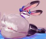  anthro anus big_butt bodily_fluids butt disney female hi_res judy_hopps kiseff lagomorph leporid looking_at_viewer looking_back lying mammal on_side rabbit smile solo sweat thick_thighs zootopia 