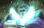  1boy electricity english_text eyes_in_shadow fate/grand_order fate_(series) glowing highres jojo_no_kimyou_na_bouken male_focus meme nikola_tesla_(fate) nueos open_mouth phantom_blood solo subtitled thunder_cross_split_attack upper_body x_arms 