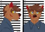  anthro blind blood blue_eyes bodily_fluids brown_body brown_fur brown_hair bruised canid canine canis clothing digital_drawing_(artwork) digital_media_(artwork) disability facing_viewer frown fur hair hi_res jumpsuit laceration looking_aside looking_at_viewer looking_away male mammal mugshot nosebleed piercing portrait prison prisoner solo thomas_ii_(zer0rebel4) waterstains were werecanid werecanine werewolf wolf wounded zer0rebel4 