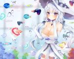  1girl ahoge air_bubble artist_name azur_lane bare_shoulders blue_eyes breasts bubble cleavage commentary detached_collar dress elbow_gloves fish gloves hat illustrious_(azur_lane) lace_trim large_breasts long_hair lp_(siston) mole mole_under_eye sapphire_(gemstone) sleeveless sleeveless_dress solo strapless strapless_dress sun_hat symbol_commentary thighhighs tri_tails underwater water white_dress white_gloves white_hair white_headwear 