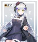 1girl background_text bangs bare_legs beret black_coat black_ribbon black_skirt blue_shirt blunt_bangs blush border bow breasts bullet closed_mouth coat commentary copyright_name cross_hair_ornament english_commentary eyebrows eyebrows_visible_through_hair facial_mark facial_tattoo girls_frontline green_eyes hair_bow hair_ornament hair_ribbon hairband hat head_tilt highres hk416_(girls_frontline) holding holding_bullet kimi_(jxrm5387) large_breasts legs logo long_hair looking_at_viewer miniskirt mod3_(girls_frontline) multicolored_shirt off_shoulder outstretched_hand parted_bangs ribbon shell_casing shirt sidelocks silver_hair simple_background skirt sleeveless sleeveless_shirt solo standing symbol_commentary tattoo teardrop teardrop_tattoo throwing two-tone_ribbon very_long_hair white_border white_ribbon white_shirt 