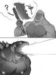  2021 ? anthro ape duo glowing glowing_eyes godzilla godzilla_(series) gorilla haplorhine hi_res holding_object jacketbear kaiju king_kong male mammal monochrome muscular muscular_male nipples primate sharp_teeth simple_background teeth thought_bubble toho 