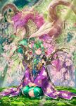  1girl branch character_request dragon flower green_hair hands_together highres hori_airi horns looking_at_viewer outdoors pink_eyes pink_flower seiza single_horn sitting solo tassel white_flower z/x 