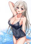  1girl bangs blue_eyes braid braided_bangs breasts cleavage commentary_request covered_navel cowboy_shot grey_hair grey_swimsuit highres hisakawa_hayate idolmaster idolmaster_cinderella_girls large_breasts long_hair looking_at_viewer mabanna school_swimsuit signature simple_background solo standing standing_on_one_leg swimsuit water white_background 