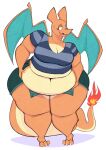  2021 3_toes absurd_res aimbot-jones anthro barefoot belly big_breasts bodily_fluids bottomwear breasts charizard claws cleavage clothed clothing countershade_tail countershade_torso countershading deep_navel dragon eyelashes feet female fire front_view full-length_portrait half-closed_eyes hand_on_stomach hi_res holding_belly horn huge_breasts looking_down membrane_(anatomy) membranous_wings midriff narrowed_eyes navel nintendo non-mammal_breasts open_mouth open_shorts open_smile orange_body orange_scales overweight overweight_anthro overweight_female pattern_clothing pok&eacute;mon pok&eacute;mon_(species) portrait scales scalie shirt shorts smile solo standing striped_clothing stripes sweat sweatdrop thick_thighs tight_clothing toe_claws toes topwear valentina_(aimbot-jones) video_games wide_hips wings 