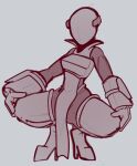  armor artificer_(risk_of_rain) breastplate clothed clothing crouching featureless_face female gloves hands_on_knees handwear headgear helmet high_heels humanoid monochrome presenting robe simple_background sketch solo spread_legs spreading tfzn 