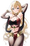  1girl absurdres armpits arms_up bandeau bangs bare_shoulders blonde_hair blue_eyes breasts bridal_gauntlets claire_harvey cleavage commentary_request cosplay criss-cross_halter dorothea_arnault dorothea_arnault_(cosplay) elbow_gloves eyebrows_visible_through_hair fire_emblem fire_emblem_heroes gloves grey_gloves grey_legwear hair_between_eyes halterneck highres hundred large_breasts long_hair looking_at_viewer navel pantyhose parted_lips simple_background solo steeb stomach thighs very_long_hair white_background 