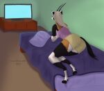  antelope anthro bed bedroom black_horn bottomwear bovid clothing cloven_hooves female fur furniture grazing_antelope hair hooves horn lying lying_on_bed mammal multicolored_body multicolored_fur on_bed oryx pillow shorts solo tan_hair television temetnosce88 watching_tv 