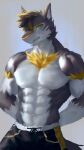  4k 9:16 absurd_res anthro big_muscles black_body black_fur black_hair blonde_hair fur hair hi_res male muscular muscular_male solo unknown_artist vortiganshine white_body yellow_body yellow_eyes yellow_fur 