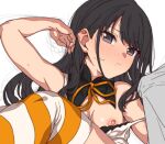  1girl black_eyes black_hair blush erere eyebrows_visible_through_hair feet_out_of_frame lowres nipples one_breast_out solo solo_focus striped striped_legwear thighhighs 
