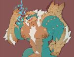  abs anthro biceps blue_body blue_eyes body_hair canid canine canis capcom chest_hair claws electricity fanged_wyvern genitals hair horn male mammal merong monster monster_hunter muscular muscular_anthro muscular_male nipples pecs penis pubes scales solo teeth vein veiny_penis video_games wolf zinogre 
