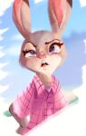  2021 anthro buckteeth clothed clothing dipstick_ears disney fur grey_body grey_fur hi_res judy_hopps lagomorph leporid looking_at_viewer mammal multicolored_ears open_mouth pink_nose rabbit shirt solo teeth tohupo topwear zootopia 