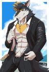  abs absurd_res anthro arvie belt_buckle blonde_hair blue_eyes clothed clothing hair hi_res male muscular muscular_male shirt solo suit topwear vortiganshine white_body yellow_eyes 