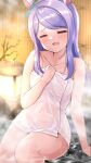  1girl =_= animal_ears bangs bare_shoulders bath blush collarbone covered_navel ear_ornament ear_ribbon facing_viewer holding holding_towel horse_ears horse_girl horse_tail long_hair mejiro_mcqueen_(umamusume) naked_towel onsen open_mouth purple_eyes purple_hair see-through shiitake_taishi silver_hair sitting smile solo steam swept_bangs tail towel umamusume wet_towel white_towel |d 