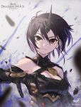  1girl artist_logo black_dress black_gloves black_hair breasts brown_eyes cleavage closed_mouth copyright_name dress elbow_gloves gloves grey_background highres horns looking_at_viewer original short_hair single_horn sleeveless solo upper_body wox 