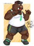  2021 absurd_res anthro belly bottomwear brown_body brown_fur bulge clothing fur hi_res humanoid_hands kemono male mammal overweight overweight_male shirt shorts solo suid suina sus_(pig) tanutronik753_k topwear wild_boar 
